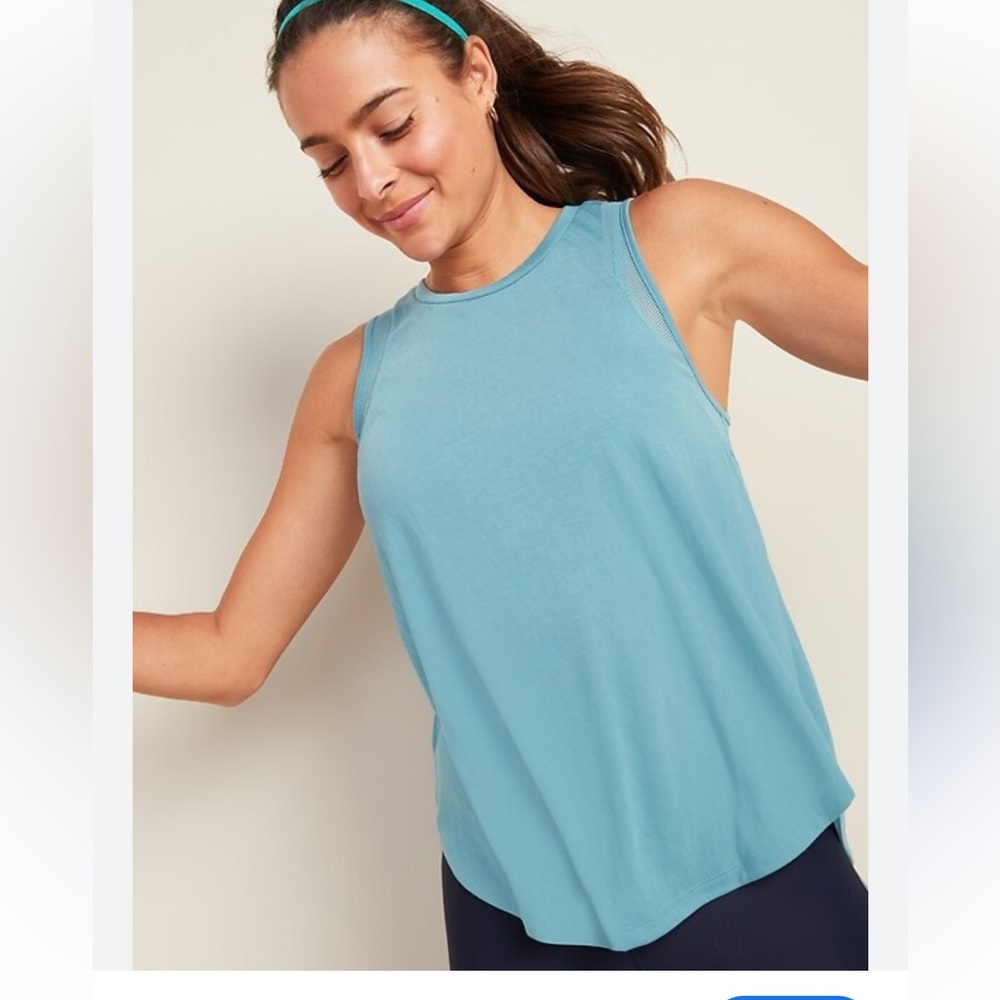Old Navy UltraLite Jersey Mesh-Trim Shirttail-Hem Tank Top Blue Synthesis